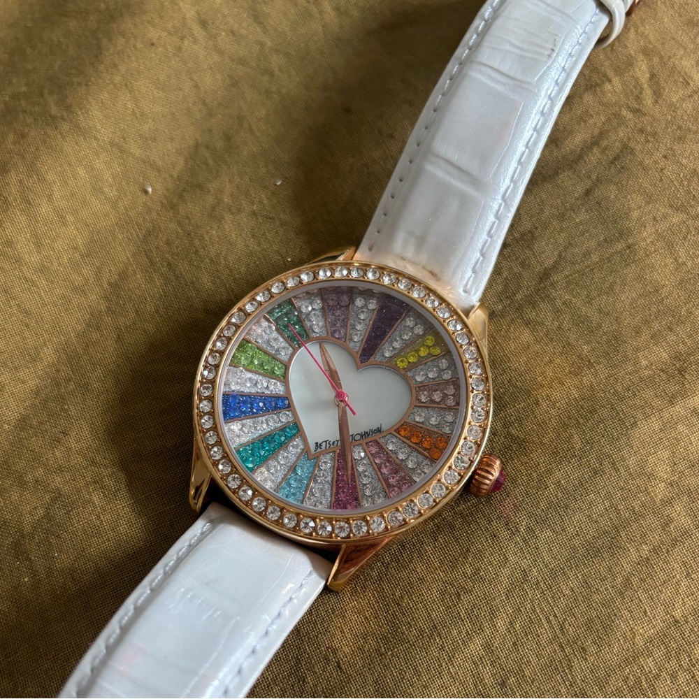 Betsey Johnson Gold and White Watch with Rainbow Dial